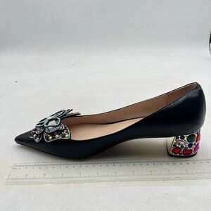 YDN Black Pointed Toe Bow Pumps Rhinestone Block Low Heel Butterfly Slip On Shoe